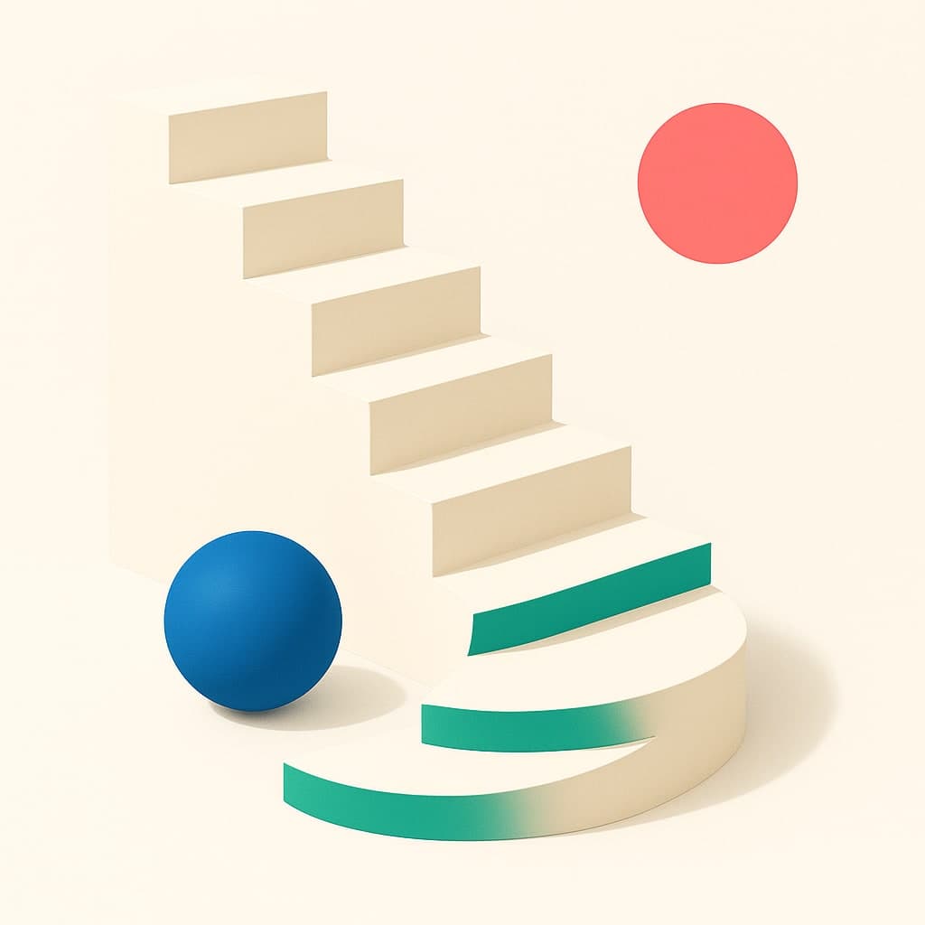 A porcelain staircase curve with emerald edges and a blue sphere on the lowest step.